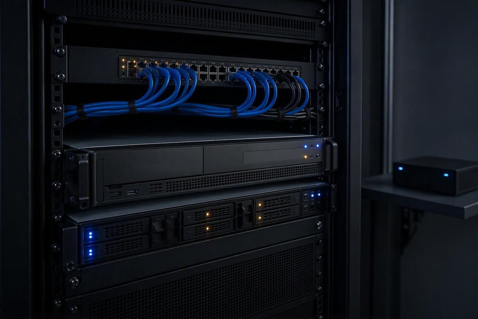Rack de red y servidor con LEDs de estado